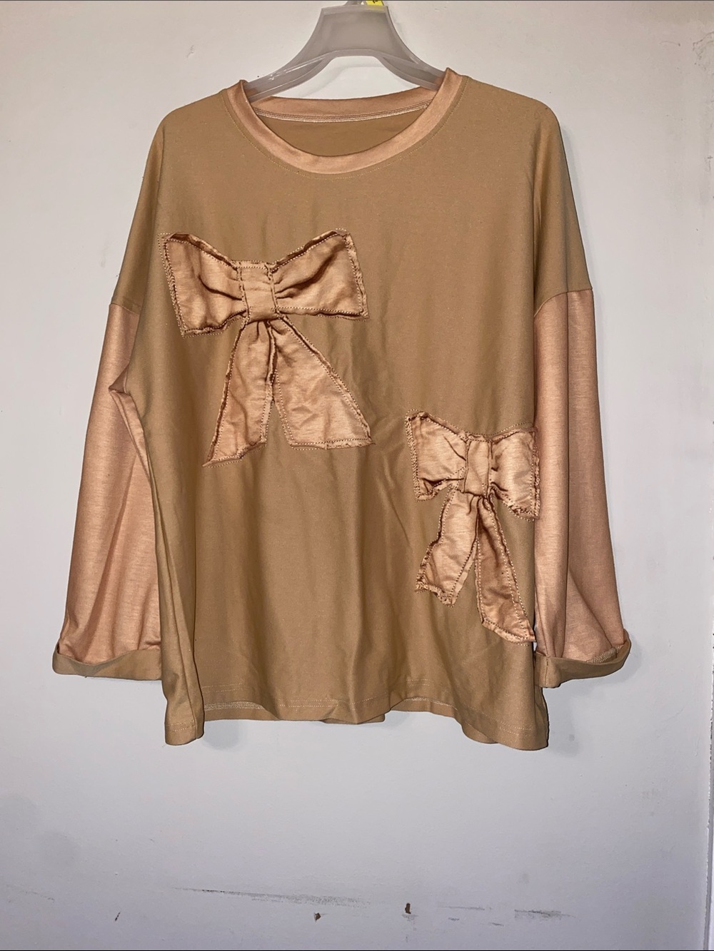 Bow-Accent Oversized Long Sleeve Tee in Tan